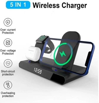 Зарядна док станція бездротової зарядки 4 в 1 Wireless Charger Watch AL-23 15W для Apple iPhone, Apple Watch, AirPods з будильником чорна