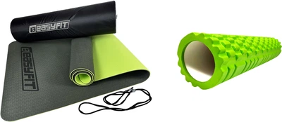 Набор Коврик для йоги и фитнеса EasyFit EF-1924s-BG TPE+TC ECO-Friendly двухслойный каремат в чехле 6 мм Темно-зеленый с салатовым (56002570) + Массажный ролик EasyFit Grid Roller v3.1 60 см EF-2037-GN Салатовый (56000976)