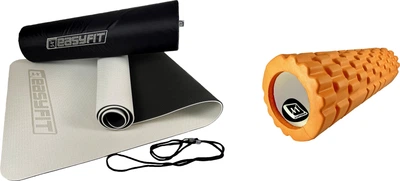 Набор Коврик для йоги и фитнеса EasyFit EF-1924s-GYBK TPE+TC ECO-Friendly двухслойный каремат в чехле 6 мм Серый с черным (56002551) + Массажный ролик-валик для МФР и йоги EasyFit Mini 30 см роллер для спины EF-2017-OR Оранжевый (56001266)