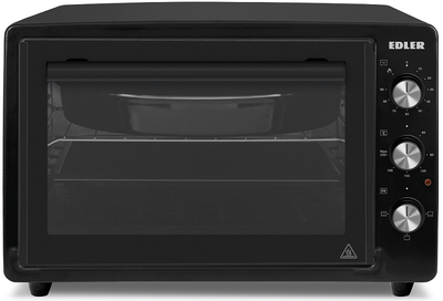 Електродуховка Edler EDEO-3801 Black, 1300W, 38л, металевий корпус, механічне керування, 3 режими нагріву, макс. температура 240°C, індикатор роботи, таймер, решітка, кругле деко, прямокутне деко