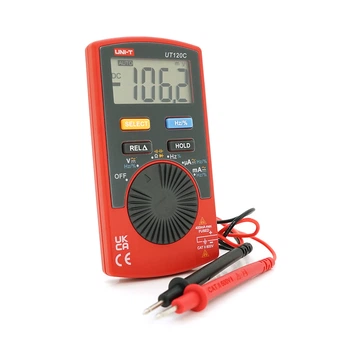 Мультиметр UNI-T UT120C: измерения V A Ω C Hz °C. Функции True RMS прозвонка тест диодов проверка транзисторов. Габариты 110×58×11 мм. Вес 76 г.
