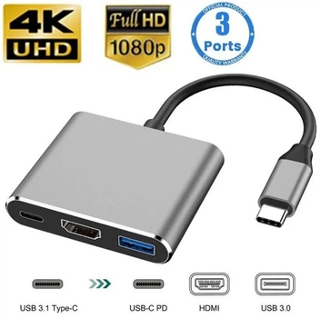 Адаптер перехідник USB Type-C перехідник Хаб 3 в 1 HDTV (HDMI) USB 3.0 Type-C (PD) Silver
