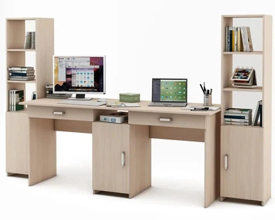 Компьютерный стол с пеналом для 2 детей Kidsbunkbed 245 х 60 х 149 см цвет дуб молочнный
