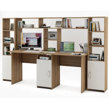 Компьютерный стол с пеналами и надстройкой для 2 детей Kidsbunkbed 245 х 60 х 149 см цвет дуб сонома белый