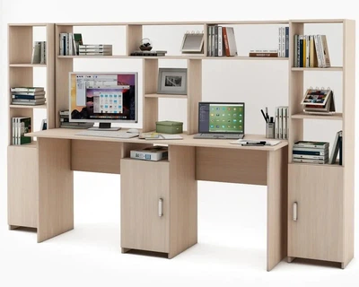Компьютерный стол с пеналами и надстройкой для 2 детей Kidsbunkbed 245 х 60 х 149 см цвет дуб молочный
