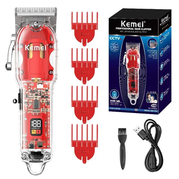 Машинка беспроводная Barber Kemei KM-1761 для стрижки волос со сменными н насадкам и дисплеем 10Вт, Красный
