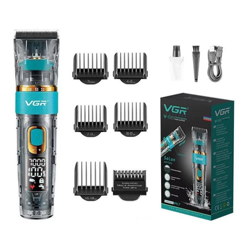 Машинка акумуляторна Barber VGR V-695 для стрижки волосся, бороди та вусів з LED-дисплеєм та насадками 10Вт. Блакитний