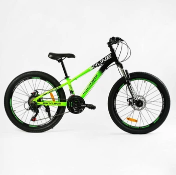 Спортивный алюминиевый велосипед 24 дюймов, рама 11д, Shimano 21 скорость, черный с зеленым, Corso «SKYLINE» SL- 24055