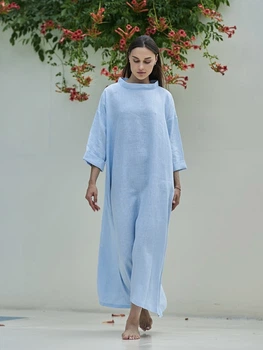 Льняное свободное платье Светло-голубое S - linen island (133444)