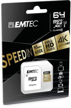 Карта пам'яті Emtec microSD UHS-I U3 SpeedIN Pro 64GB + SD адаптер (ECMSDM64GXC10SP)