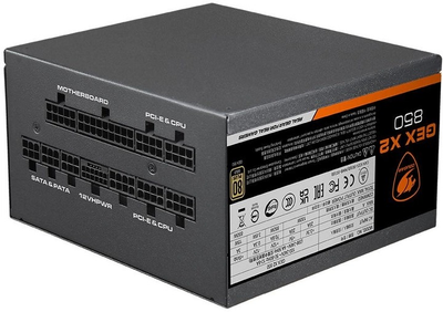 Блок питания 850W, Cougar GEX X2 850, Black, 120 мм, PFC, 80 Plus Gold, Modular, MB: 20+4 pin, CPU: 4+4 pin, VGA: 4 x 6+2 pin + 12+4 pin, 2xMolex, 10xSATA, Защиты: OVP/OPP/SCP/UVP/OCP