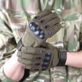 Тактические перчатки для военных ВСУ цвета Хаки полнопалые с защитой на косточках размер L на липучке
