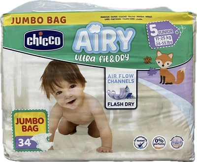 Підгузки 5 розміру Chicco Airy, 11-25 кг, 34 шт