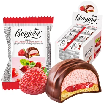 Ящик десерту Bonjour KONTI смак полуниці з вершками 29 г х 24 шт