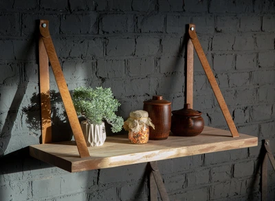 Деревянная полочка на стену с кожаным ремнем Дуб натуральный 1 шт Wood Mosaic Shelves with Leather Strap 80x28x3 (WM-SWHS-80x28x3)