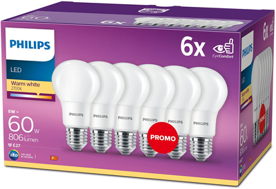 Набір світлодіодних ламп Philips A60 E27 8W 6 шт Warm White (8718696586310)