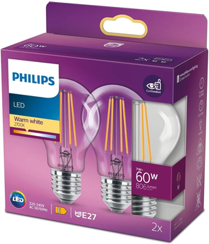 Zestaw żarówek LED Philips Classic A60 E27 7W 2 szt Warm White (8718699777739)