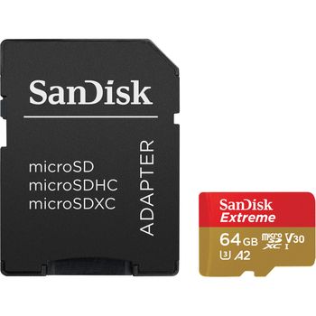 Карта памяти SanDisk Extreme microSDXC 64GB (UHS-I U3) W-80 MB/s, R-170 MB/s Class 10 A2 V30 (SDSQXAH-064G-GN6MA) + SD Adapter