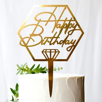Золотой Топпер "Happy Birthday (Ромб Д)" 16х12см Фигурка на Торт в Цветы Зеркальная Надпись Пластик Золото