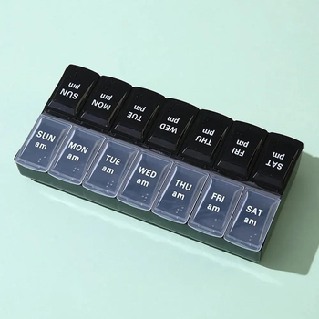 Герметичная таблетница / органайзер / контейнер для таблеток и лекарств на неделю, двойная на утро и вечер, черная с прозрачным (81287338)