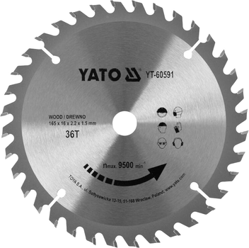 Диск пильный победитовый по дереву YATO 165x16x2.2x1.5 мм 36 зубцов до 9500 об/мин (YT-60591)