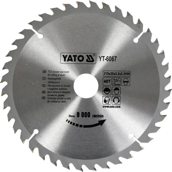 Диск пиляльний по дереву YATO 210х30 мм 40 зубців до 8000 об/хв (YT-6067)