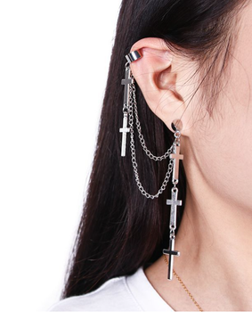 Сережки кафи на одне вухо хрестики на ланцюжку біжутерія довгі Fashion Jewelry сріблясті (II) 32205
