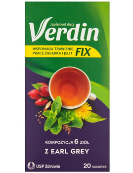 Чай лечебный для пищеварительной ситемы травяной USP Zdrowie Verdin Fix Вердин Фикс пищевая добавка из 6 трав с черным чаем Earl Grey в саше 20 х 1,8 г