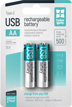 Аккумуляторная батарея ColorWay AA USB-С 2220 мАЧ 1.5В (Li-Polymer) (2pc.) (CW-UBAA-10)