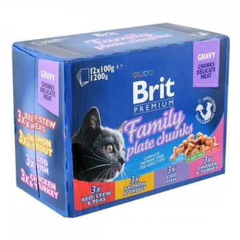 Упаковка вологого корму для котів асорті із 4 смаків Brit Premium Cat pouch 12 шт*100 г
