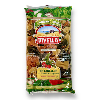 Макароны Divella цветной бантик со шпинатом и томатами clasicco #85 Farfalle 500г