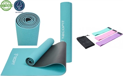 Набор Коврик рельефный TECOFIT ПВХ для йоги и фитнеса 173x 61 x 0.5 см Blue/Black (TOP17113491) + Резинки для фитнеса и спорта из ткани TECOFIT набор 3 шт нагрузка 8-14/14-20/20-30 кг (TOP19075393)