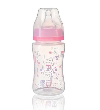 Пляшка пластмасова для годування BabyOno з широкою горловиною (силікон) Совунька 240 мл Рожевий