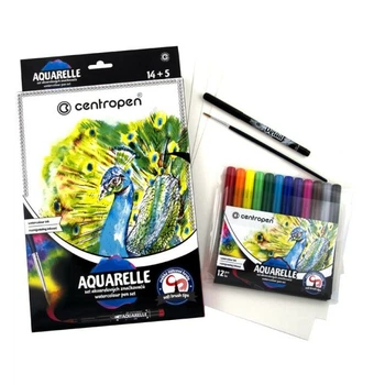 Набір акварельних фломастерів Centropen Aquarelle 1-9 мм 12 шт + 1 чорний лінер + 5 аркушів акварельного паперу А4 + пензлик (9383)