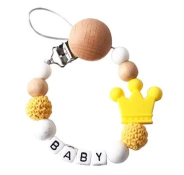 Тримач / затискач / кліпса для пустушки, дитячої соски "Baby" (дерево+силікон), жовтий "S" (82265781)