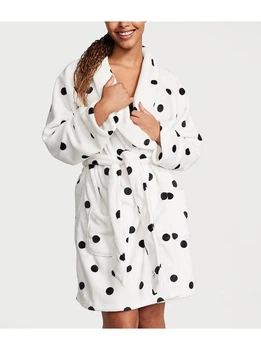 Плюшевый халат Victoria's Secret Logo Short Cozy Robe White/Black dot XS/S белый принт в черные кружочки