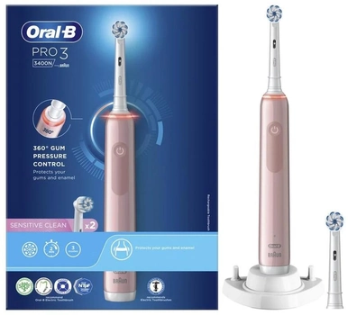 Електрична зубна щітка Oral-b Braun Pro3 3400N Sensetive Clean Рожева