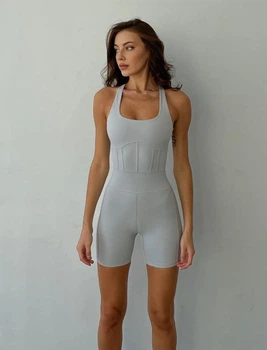 Спортивный женский комбинезон X-SPORT с имитацией корсета для фитнеса и йоги Однотонный Перекрестная спинка Съемные чашки XS-S Светло-серый (KS02S)