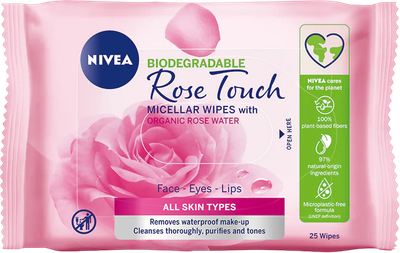 Chusteczki micelarne Nivea Rose Touch Micellar Wipes biodegradowalne z organiczną wodą różaną 25 szt (9005800340173)