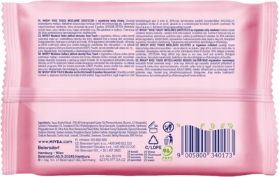 Chusteczki micelarne Nivea Rose Touch Micellar Wipes biodegradowalne z organiczną wodą różaną 25 szt (9005800340173)