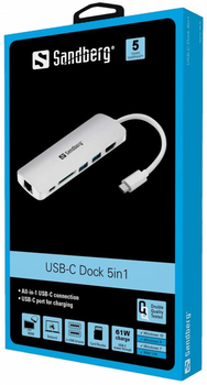 USB-хаб Sandberg USB Type-C до HDMI/LAN/SD/USB Type-A 5-портовий Silver (57057301361840