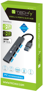 USB hub Techly USB Type-A 4-portowy Srebrny (8059018365955)