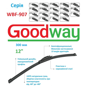 Щітка склоочисника безкаркасна універсальна GoodWay 300 мм 12" ( WBF-907-12 )