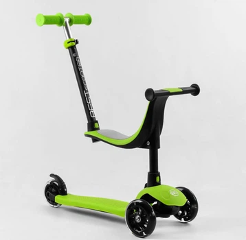 Детский самокат Best Scooter PL-315. Сидение, родительская ручка, 3 PU колеса с подсветкой. Зеленый
