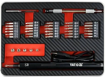 Аккумуляторная отвертка с набором бит YATO YT-27930: Li-Ion 3.6 В 450 мАч, LED, HEX-1/4", CrV, 39шт+кейс
