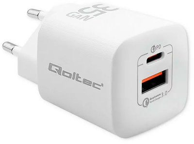 Зарядний пристрій Qoltec GaN Ultra 35W 5-20V USB type C PD QC 3.0 White