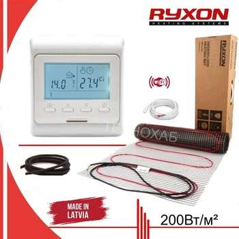 Теплый пол Ryxon 200Вт/м² нагревательный мат под плитку 10 м² /2000Вт с программируемым терморегулятором E51 Wi-Fi