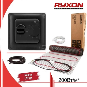 Теплый пол Ryxon 200Вт/м² нагревательный мат под плитку 7 м² /1400Вт с механическим терморегулятором RTC70 черный