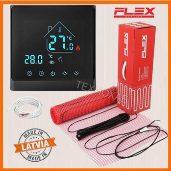 Тепла підлога Flex 175Вт/м² нагрівальний мат під плитку 1 м²/175Вт з програмованим терморегулятором AC8400H чорний