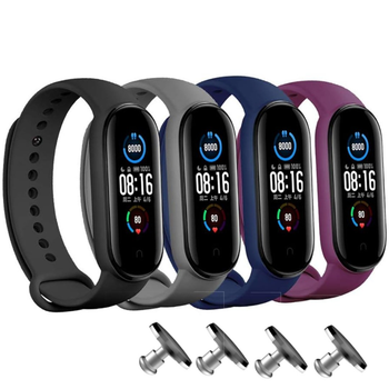 Комплект силіконових ремінців для фітнес браслета Xiaomi Mi Band 5/6 чотири ремінця + 4 металеві кнопки Чорний, сірий, темно-синій, пурпурний (23,25,34,15) (mrk3790)